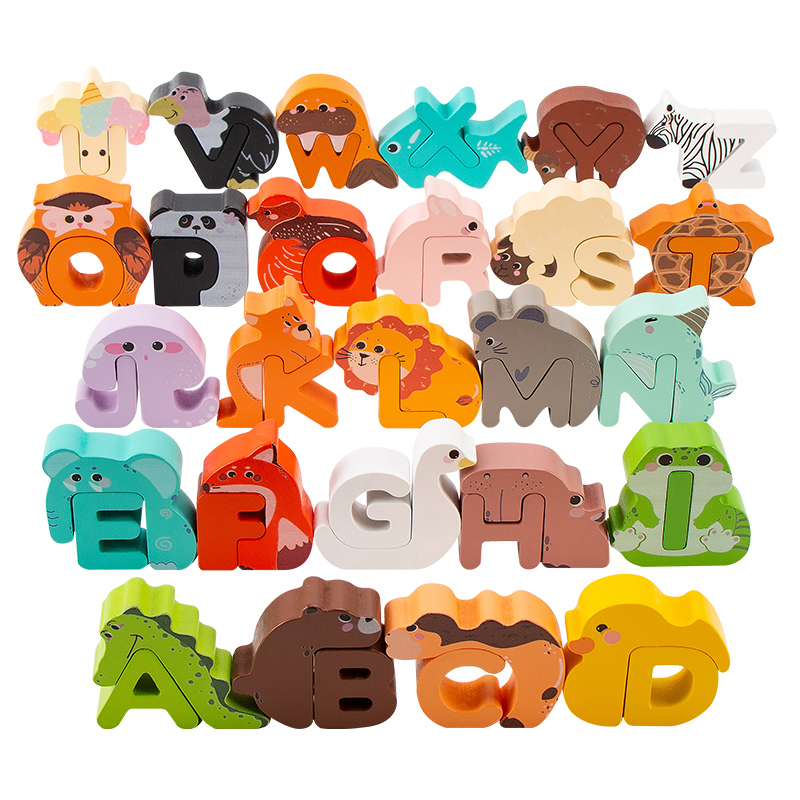 Wooden Blocks Stacking - 26 Buah Balok Alfabet Hewan Kayu,