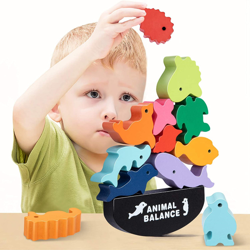 Wooden Blocks Stacking - Anak-anak baru Montessori kayu hewan keseimbangan